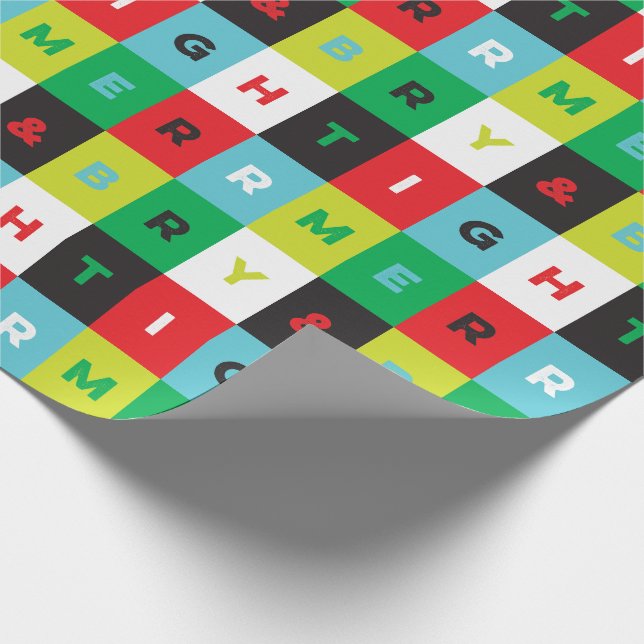 Papier Cadeau Red Green Black Blue Merry and Bright Checkers (Coin)