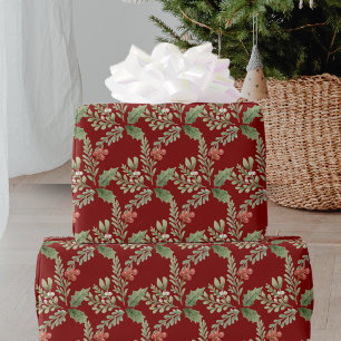 Papier Cadeau Red Green Christmas Holly Berry Botanique