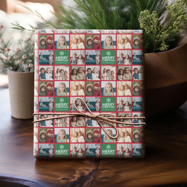 Papier Cadeau Red & Green Joyeux Noël 8 Photo Collage (Personalized Photo Wrapping Paper)
