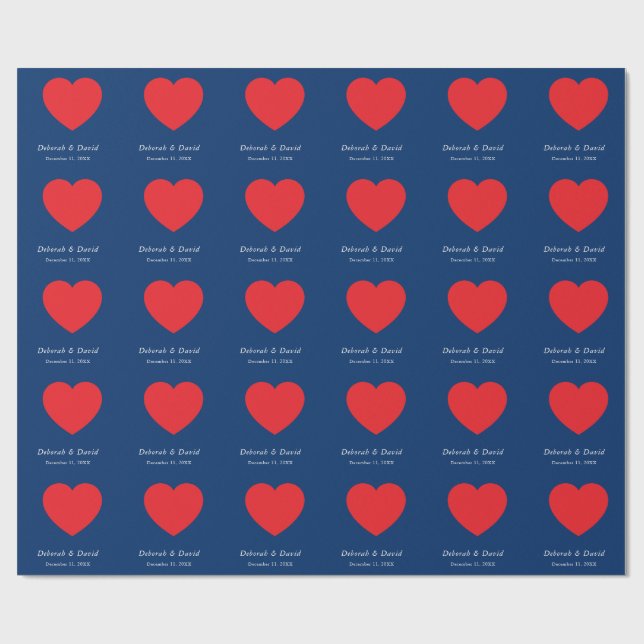 Papier Cadeau Red Heart Blue Modern Minimalist Wedding (Plat)
