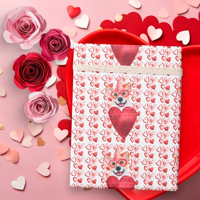 Papier Cadeau Red Hearts Corgi Amoureux des chiens Valentine (Créateur téléchargé)