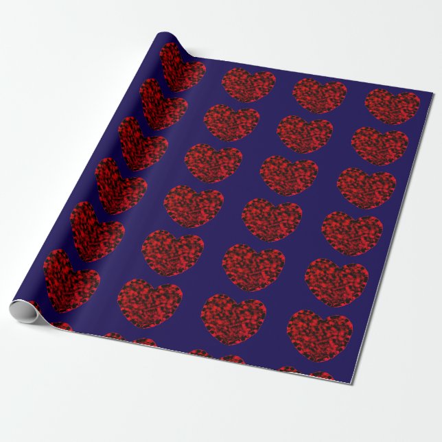 Papier Cadeau Red Hearts on Blue Wrapping Paper (Déroulé)