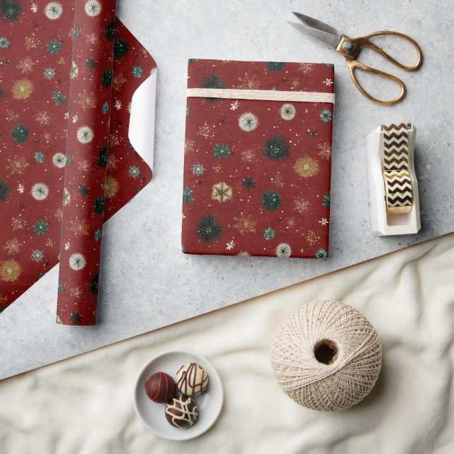 Papier Cadeau Red Holiday Pattern with Snowflakes (Artisanat)