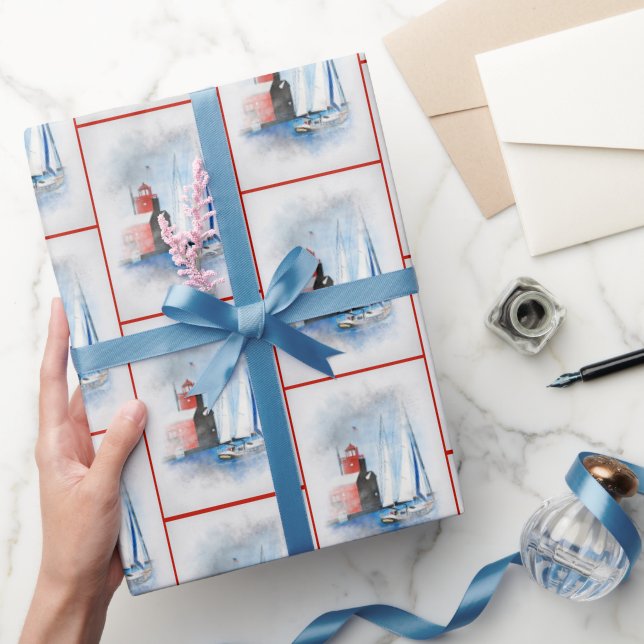 Papier Cadeau Red Michigan Lighthouse avec voilier (Cadeaux)
