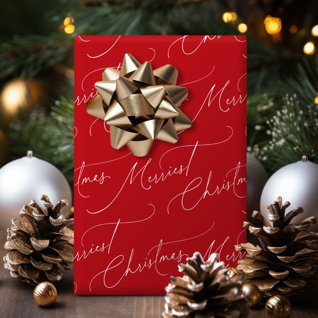 Papier Cadeau Red Minimalist Modern Script Merriest Christmas (Red Minimalist Modern Script Merriest Christmas Wrapping Paper)