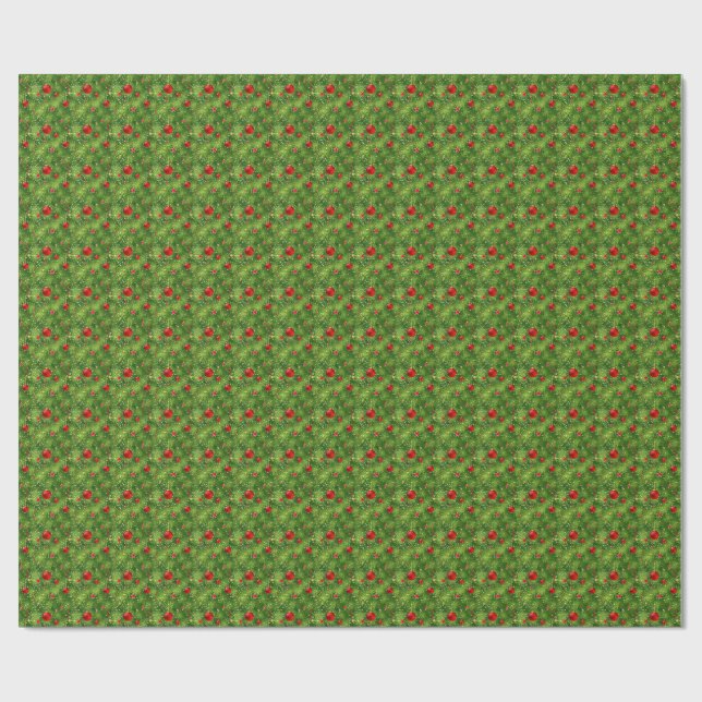 Papier Cadeau Red Ornaments & Evergreen Holiday Wrapping Paper (Plat)
