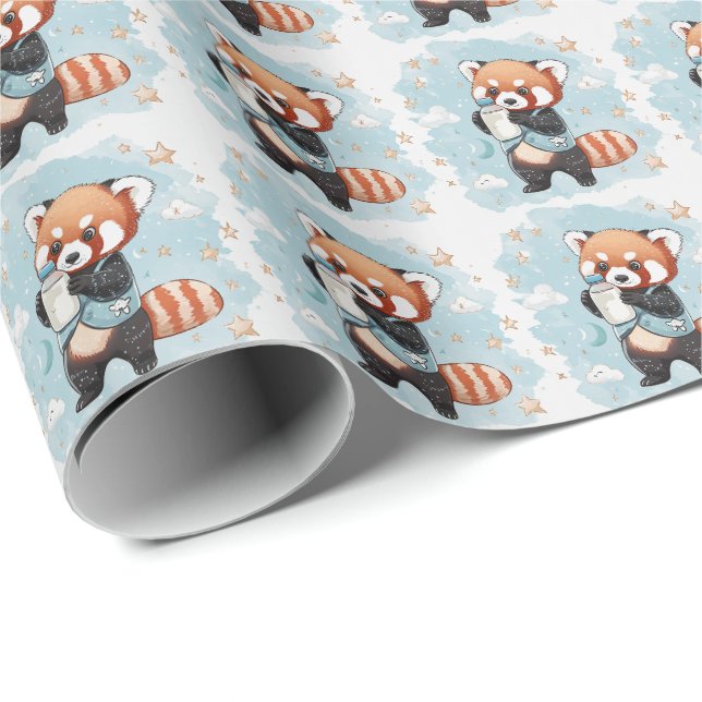 Papier Cadeau Red Panda Cute Baby Pastel Motif d'aquarelle (Coin rond)