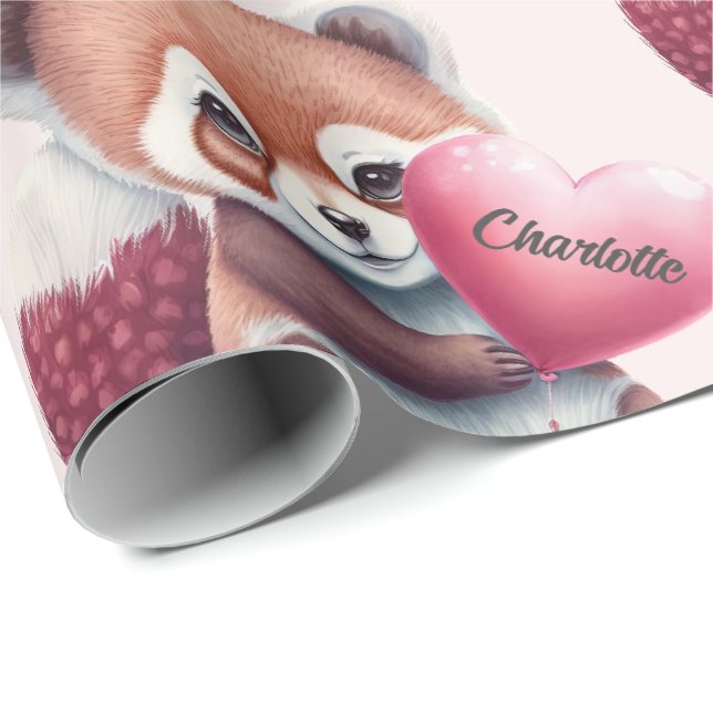 Papier Cadeau Red Panda Heart Watercolor Ajouter un nom (Coin rond)