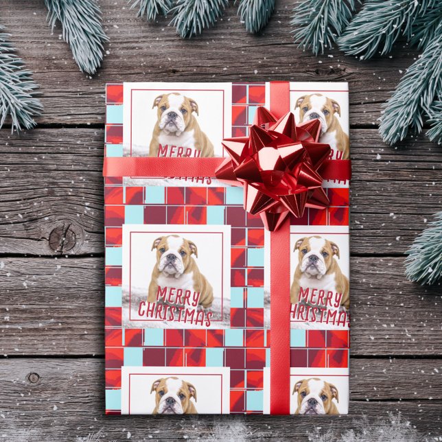 Papier Cadeau Red Plaid Bulldog Chien photo Joyeux Noël (Créateur téléchargé)