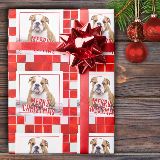 Papier Cadeau Red Plaid Bulldog Chien photo Joyeux Noël (Créateur téléchargé)