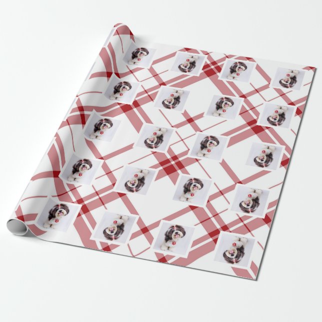 Papier Cadeau Red Plaid Christmas Hoiday Carré Photo Custom (Déroulé)