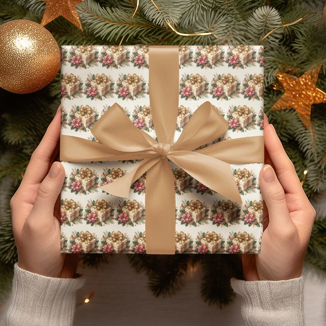 Papier Cadeau Red Poinsettia Coquette Gold Bow Noël (Créateur téléchargé)