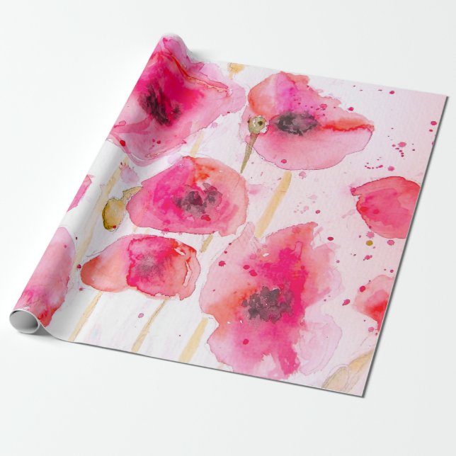 Papier Cadeau Red Poppy Poppies Flower Floral Watercolor (Déroulé)