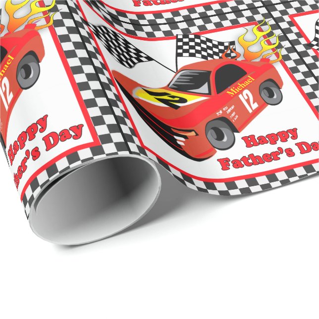Papier Cadeau Red Race Car Fête des pères personnalisée cadeau (Coin rond)