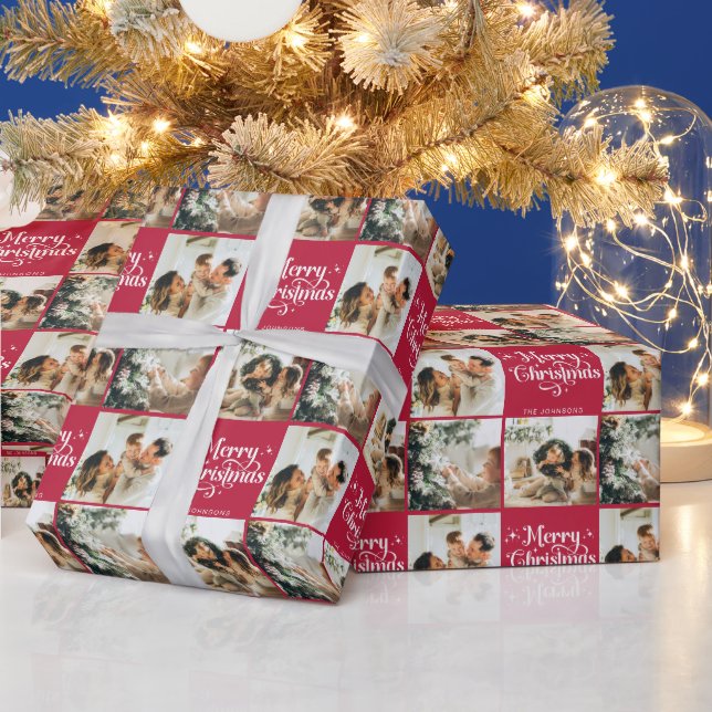 Papier Cadeau Red Retro Joyeux Noël Famille 3 Photo Collage (Vacances)