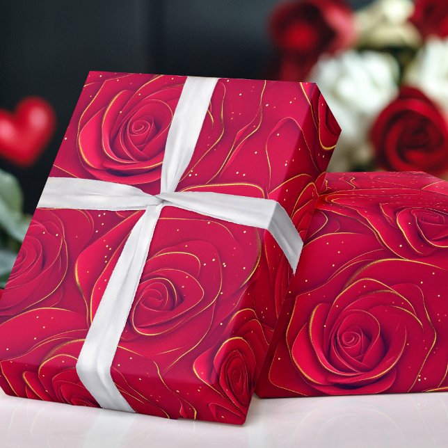 Papier Cadeau Red Roses Gold Frontière Romantique Valentine (Red Roses Gold Border Romantic Valentine Wrapping Paper)