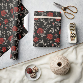 Papier Cadeau Red Roses on Black Toile De Jouy