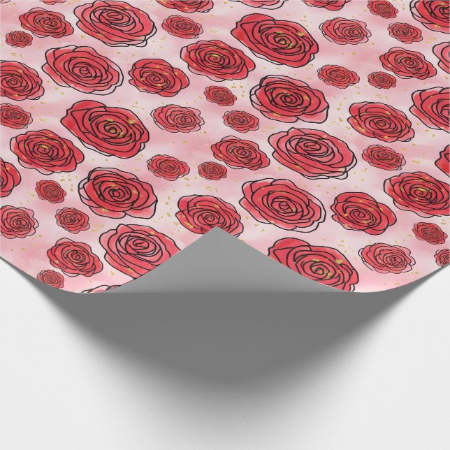 Papier Cadeau Red Roses on Pink Watercolor Pattern (Coin)