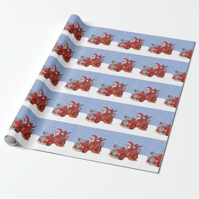 Papier Cadeau Red Santa Fire Truck Christmas wrapping paper (Déroulé)