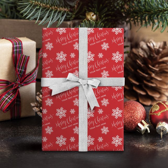 Papier Cadeau Red Snowflakes Joyeux Noël Script personnalisé (Red Snowflakes Merry Christmas Script Custom Wrapping Paper)