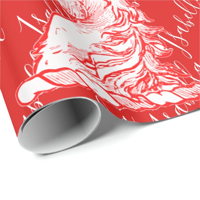 Papier Cadeau Red Unicorn Motif Nom personnalisé Isabella (Coin rond)