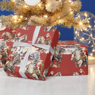 Papier Cadeau Red Western Noël Père Noël à cheval