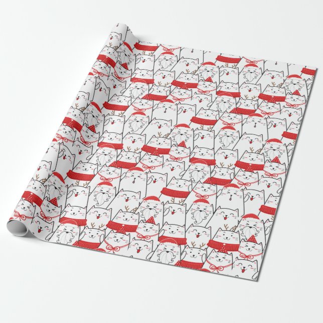Papier Cadeau Red White Kitty Cats Drôle Noël Cadeau de Noël (Déroulé)