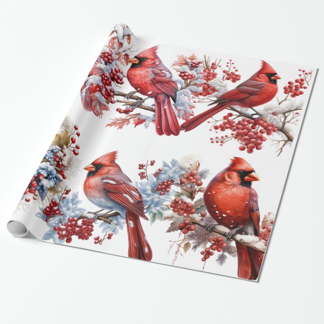 Papier Cadeau Red White Winter Wonderland Cardinals Noël (Déroulé)
