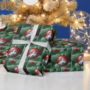 Papier Cadeau Reflet du chat dans un ornement de Noël rouge