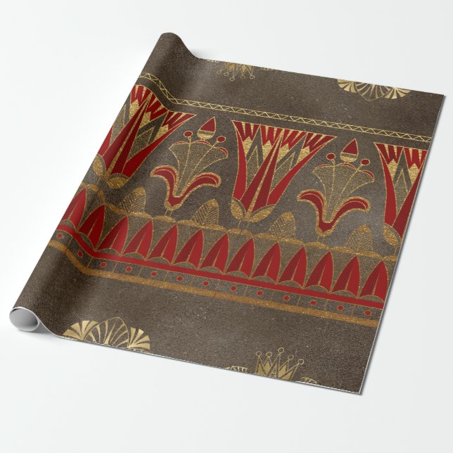 Papier Cadeau Regal Egyptien Floral et Géométrique Or-Rouge Moti (Déroulé)