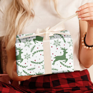 Papier Cadeau Reindeder & Snowflake Yule Green Noël