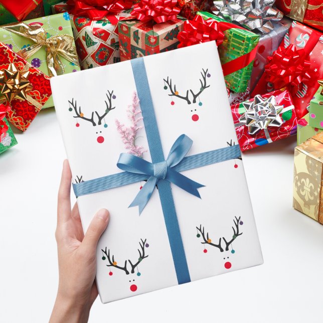 Papier Cadeau Reindeer moderne marrant blanc rouge (Créateur téléchargé)