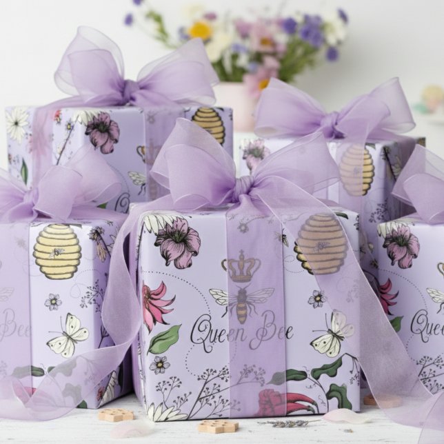Papier Cadeau Reine abeille élégante florale (Elegant Queen Bee Wrapping Paper for Her. Lavender Bridal Shower Gift Wrap. Botanical Floral Pattern)