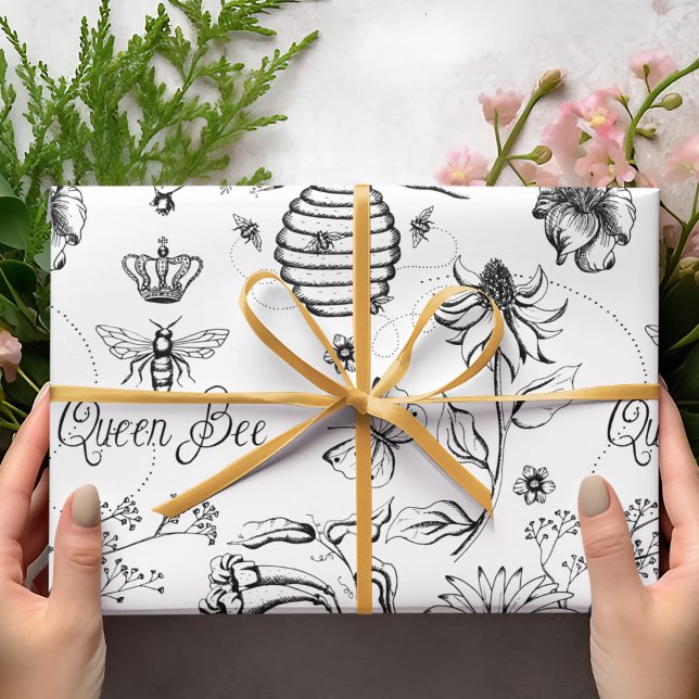 Papier Cadeau Reine de la Fête des Mères Abeille et Fleurs (Black and White Queen Bee & Crown Insect Illustration, typography, bee hive and flowers for Her)