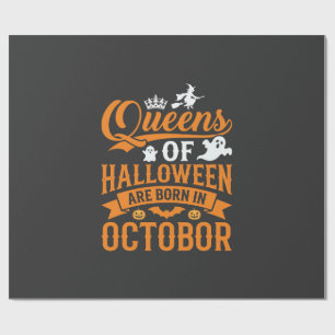 Papier Cadeau Reines d'Halloween Nées en Octobre Typographie Vin