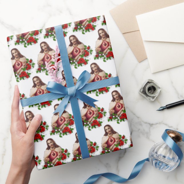 Papier Cadeau Religieux Sacré Coeur Jésus Roses rouges  (Cadeaux)