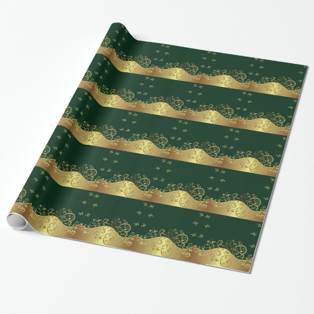 Papier Cadeau Remous d'or et vert-foncé (Déroulé)