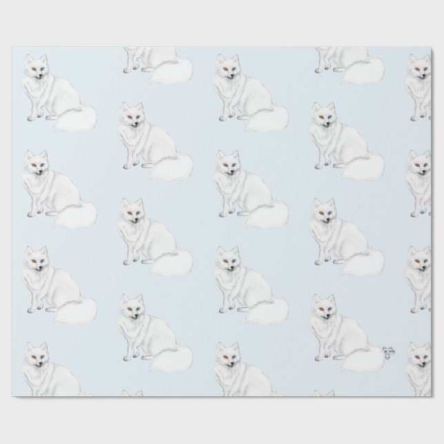Papier Cadeau Renard Arctique Motif Pinceau Air Bleu Glacé  (Plat)