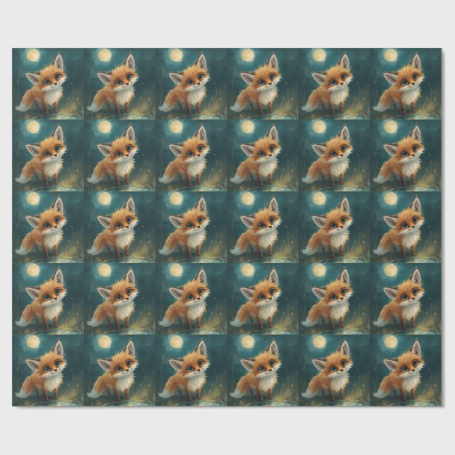 Papier Cadeau Renard au clair de lune, forêt nocturne  (Plat)