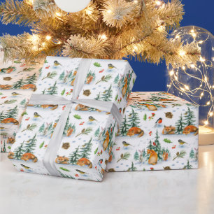 Papier Cadeau Renard de la nature cosy d'hiver Lapin Oiseaux Côn