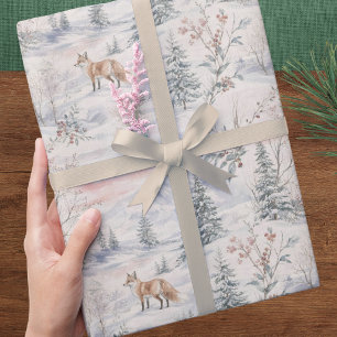 Papier Cadeau Renard d'hiver à l'aquarelle et Noël aux pins
