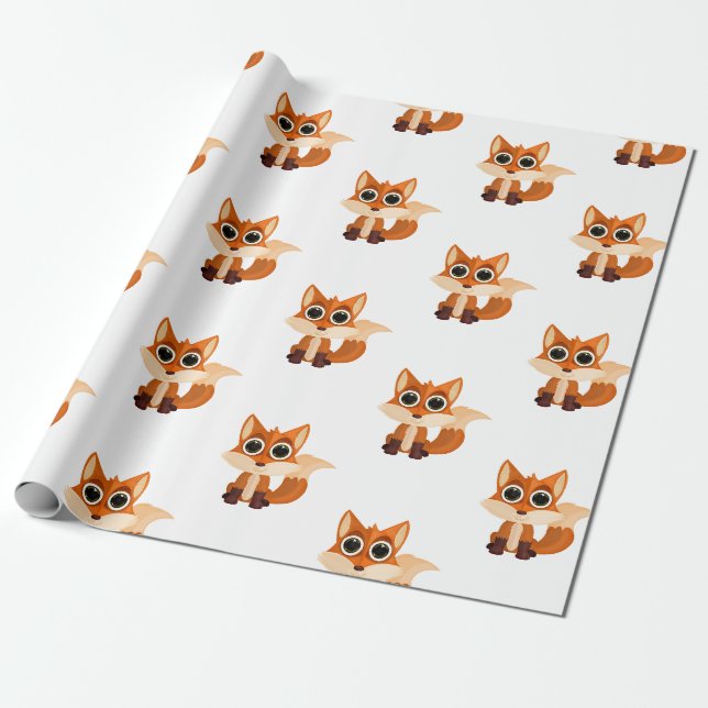 Papier Cadeau Renard mignon de la forêt sur fond blanc – Douce (Déroulé)