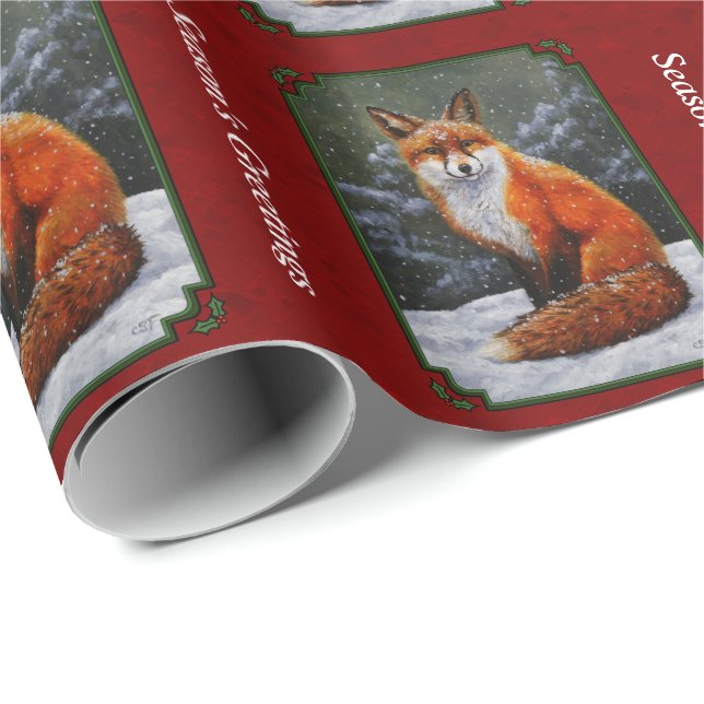 Papier Cadeau Renard rouge mignon en neige hivernale (Coin rond)