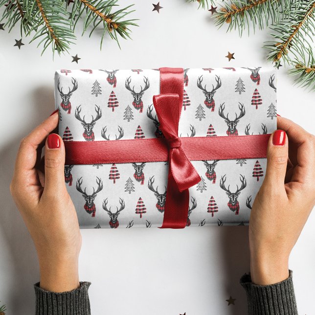Papier Cadeau Renard roux de Noël rustique (Rustic Christmas Red Buffalo Plaid Reindeer Wrapping Paper)
