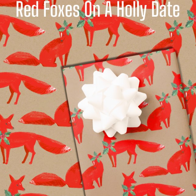 Papier Cadeau Renards Rouges Rustiques Kraft Sur Une Date Holly (Rustic Kraft Red Foxes On A Holly Date Christmas Gift Wrap Available in 6 & 15 foot long rolls)