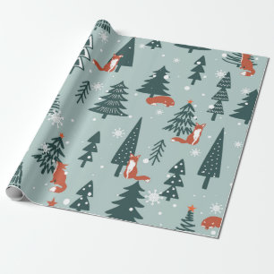 Papier Cadeau Renards, sapins, neige, dessinés à la main. Coul