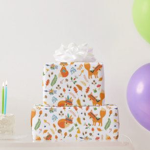 Papier Cadeau renards tribaux mignons, éléments floraux d'automn
