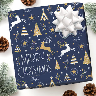 Papier Cadeau Renne de Noël Art Déco Nom Personnalisé Bleu Foncé