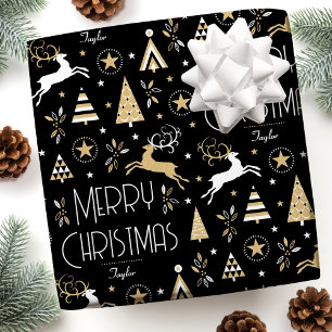 Papier Cadeau Renne de Noël Art Déco Nom personnalisé Noir Or