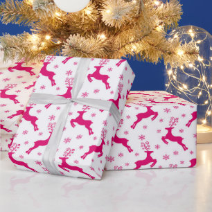 Papier Cadeau Renne de Noël d'hiver blanc chaud et rose